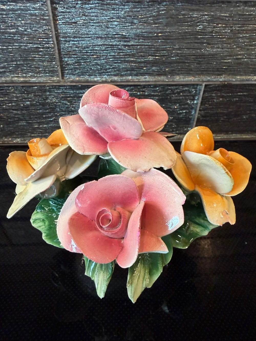 Vintage Capodimonte Italy Porcelain Pink Yellow Rose Flower Basket Centerpiece